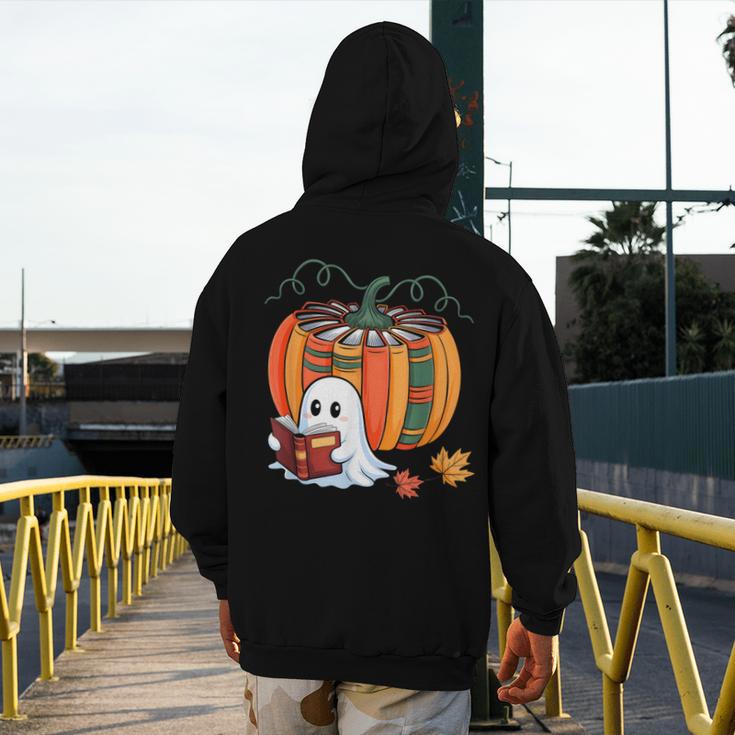Fall Book Pumpkin Ghost Reading Books Halloween Teacher Men's Hoodie Back Print, funny design