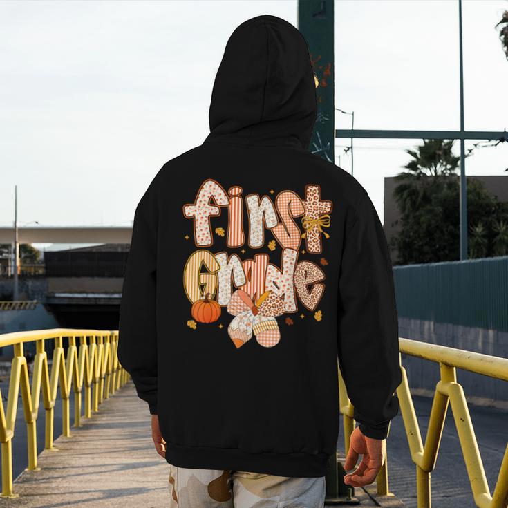 First Grade Fall Floral Coquette Bow Teachers Students Men's Hoodie Back Print, First Grade Teacher Gifts, funny design