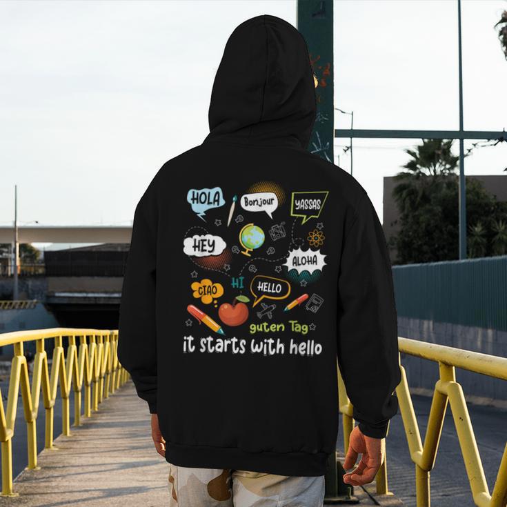 Friendship Inclusion Language Teacher It Starts With Hello Men's Hoodie Back Print, funny design Friendship Inclusion Language Teacher It Starts With Hello Men's Hoodie Back Print, funny design