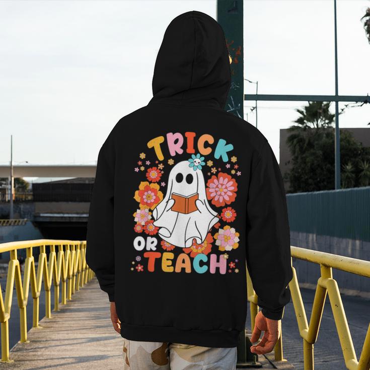 Groovy Halloween Trick Or Teach Retro Floral Ghost Teacher For Men Women Kids Men's Hoodie Back Print, Groovy Teacher Gifts, funny design