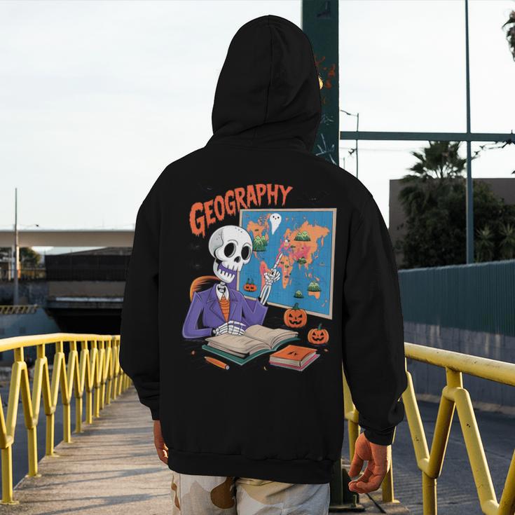 Halloween Skeleton Geography Teacher Pumpkin Bats Classroom Men's Hoodie Back Print, funny design Halloween Skeleton Geography Teacher Pumpkin Bats Classroom Men's Hoodie Back Print, funny design