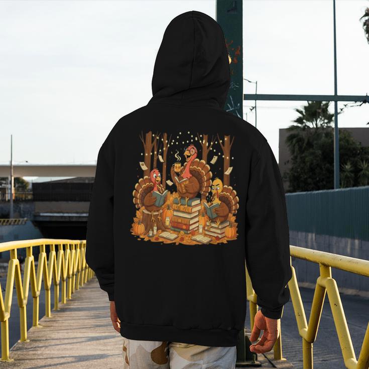 Librarian Turkey Reading Book Fall Thanksgiving Teacher Men's Hoodie Back Print, funny design