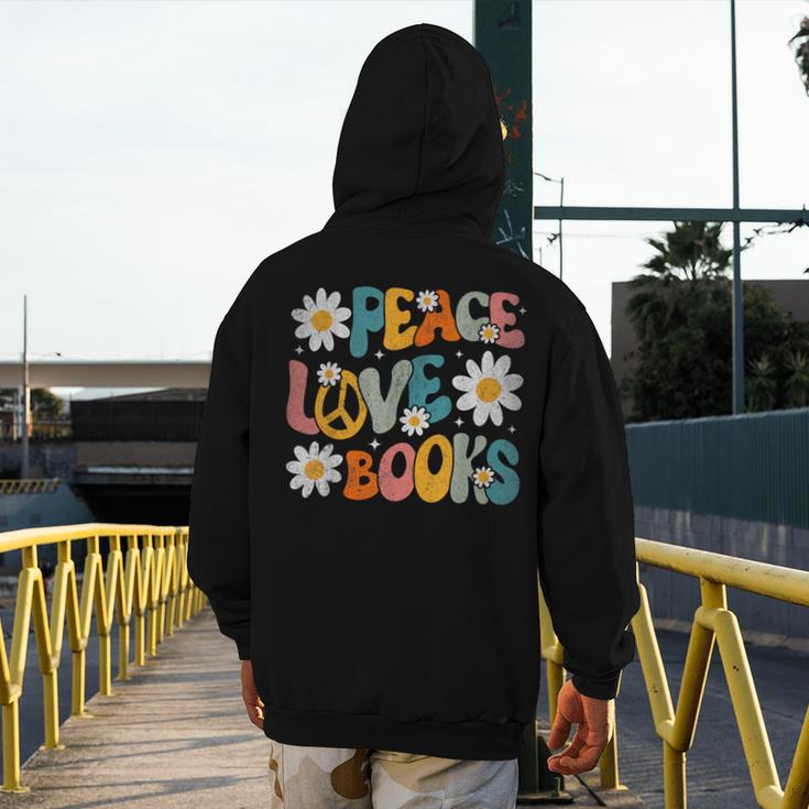 Peace Love Books Bookworm Librarian Reading Teacher Groovy Men's Hoodie Back Print, Groovy Teacher Gifts, funny design Peace Love Books Bookworm Librarian Reading Teacher Groovy Men's Hoodie Back Print, Groovy Teacher Gifts, funny design