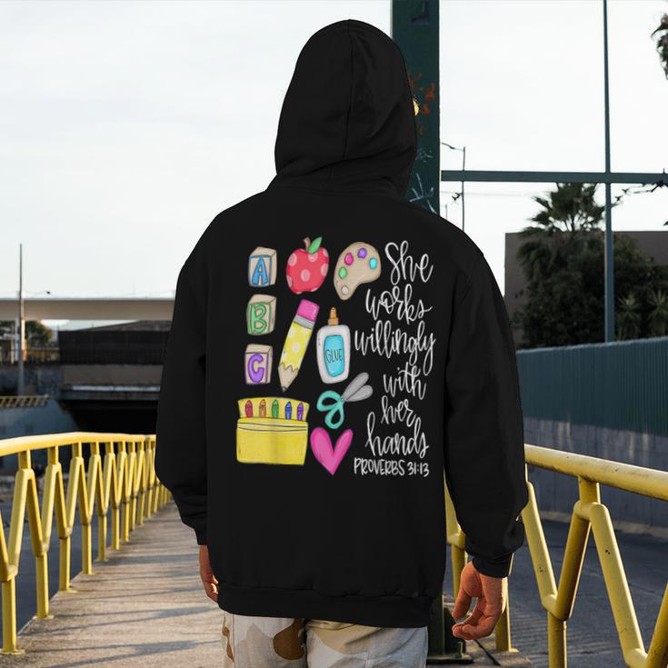 She Works Willingly With Her Hands Proverbs Daycare Teacher Men Women Men's Hoodie Back Print, funny design She Works Willingly With Her Hands Proverbs Daycare Teacher Men Women Men's Hoodie Back Print, funny design