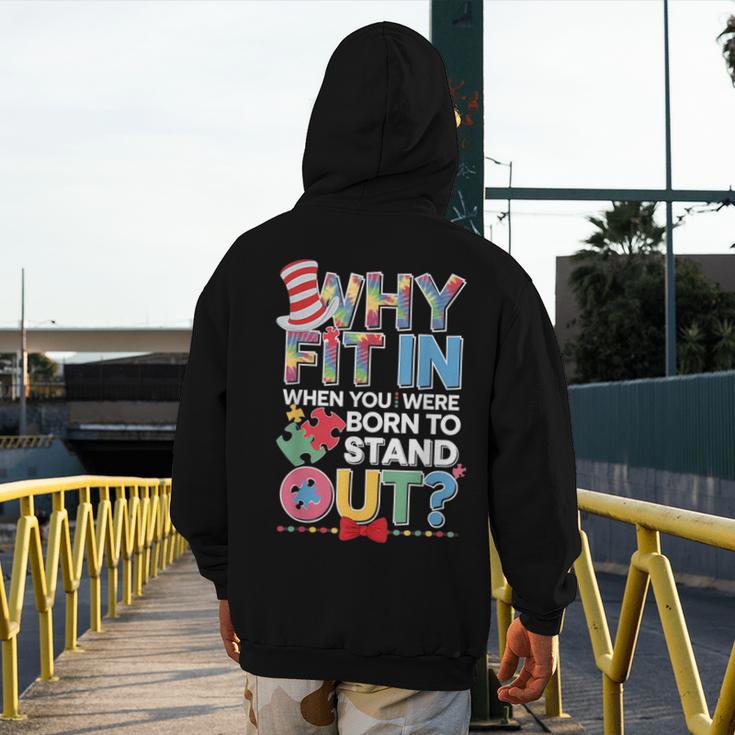Why Fit In Doctor Teacher Cat In Hat Cool Autism Awareness Men Women Kids Men's Hoodie Back Print, funny design Why Fit In Doctor Teacher Cat In Hat Cool Autism Awareness Men Women Kids Men's Hoodie Back Print, funny design