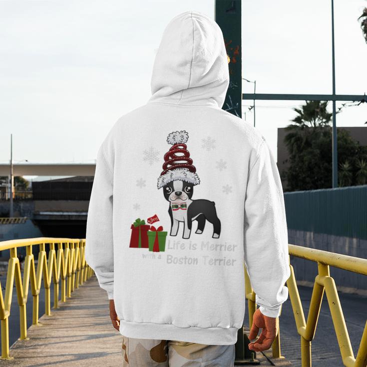 Boston Terrier Christmas T Shirt-Life Is Merrier Premium Tri-Blend Men's Hoodie Back Print, Boston Terrier Christmas Gifts, funny design