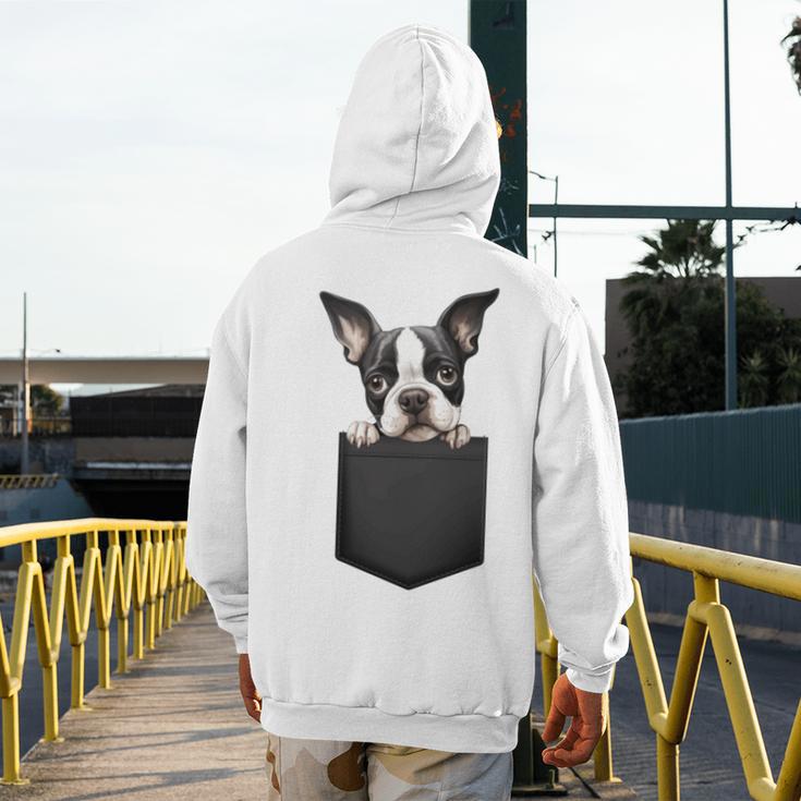 Boston Terrier Dog Puppy Dog In Pocket Cute Pet Lover Men's Hoodie Back Print, funny design