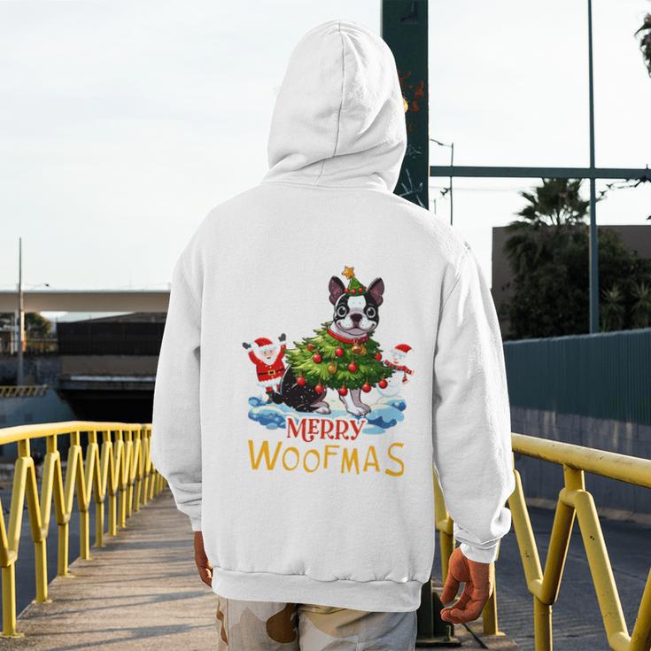 Boston Terrier Merry Christmas Tree Lights Dog X-Mas Dogs Men's Hoodie Back Print, Boston Terrier Christmas Gifts, funny design
