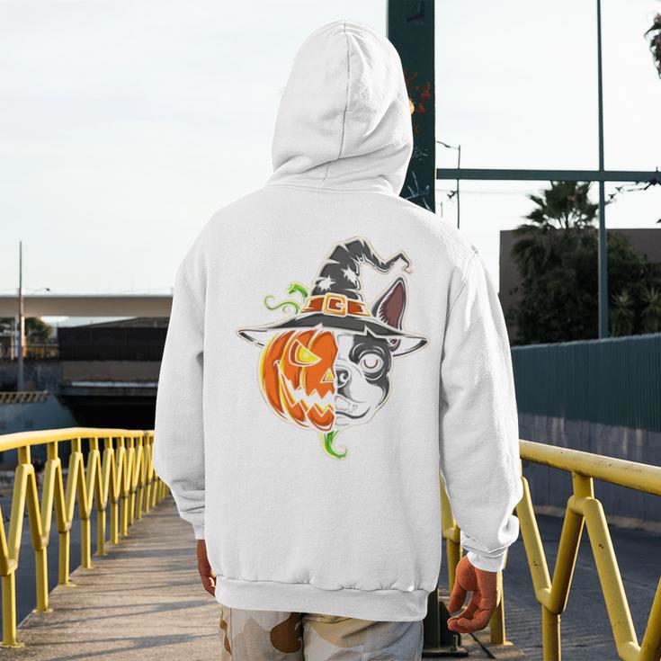 Boston Terrier Pumpkin Jack O Lantern Halloween Men's Hoodie Back Print, Boston Terrier Halloween Gifts, funny design