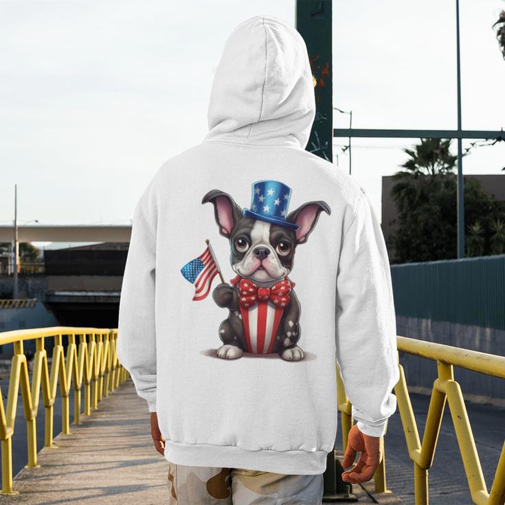 Boston Terrier Puppy Dog Holds His American Flag 4th Of July Men's Hoodie Back Print, American Boston Terrier Gifts, Boston Terrier 4th Of July Gifts, funny design