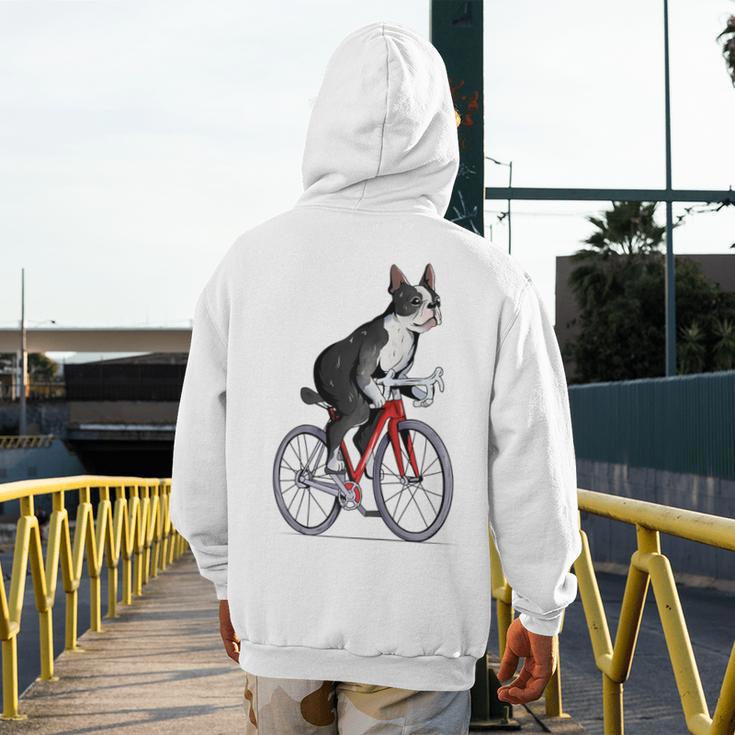Boston Terrier Riding Bicycle Cute Bostie Biker Raglan Baseball Tee Men's Hoodie Back Print, Boston Terrier Riding Gifts, funny design