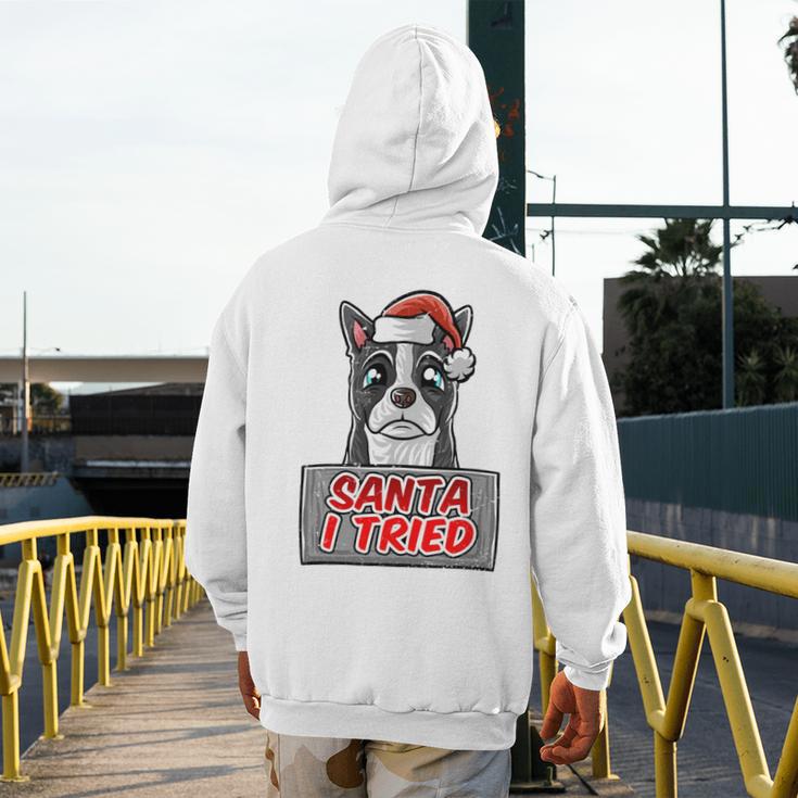 Boston Terrier Santa Claus Hat Merry Christmas Dog X-Mas Men's Hoodie Back Print, Boston Terrier Christmas Gifts, funny design