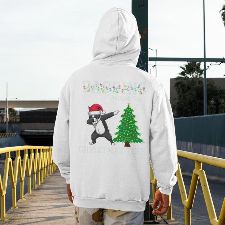 Boston Terrier Santa Hat Dabbing Around The Christmas Tree Men's Hoodie Back Print, Boston Terrier Christmas Gifts, funny design