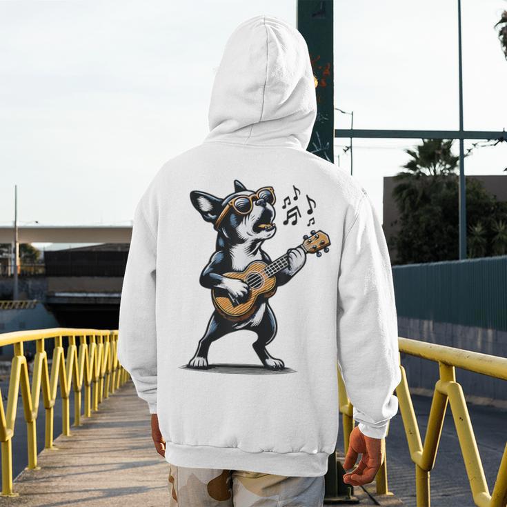 Dog Playing Guitar Singing Boston Terrier For Men Women Girls Kids Men's Hoodie Back Print, funny design