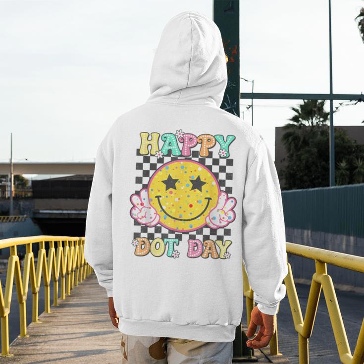 Happy Dot Day Hippie Flowers Smile Face Groovy Teacher Kids Men's Hoodie Back Print, Groovy Teacher Gifts, funny design Happy Dot Day Hippie Flowers Smile Face Groovy Teacher Kids Men's Hoodie Back Print, Groovy Teacher Gifts, funny design