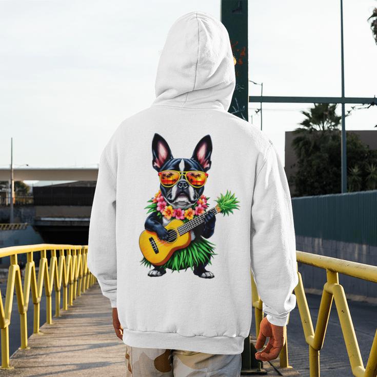 Hawaiian Boston Terrier & Pineapple Ukulele Summer Vacation Men's Hoodie Back Print, funny design