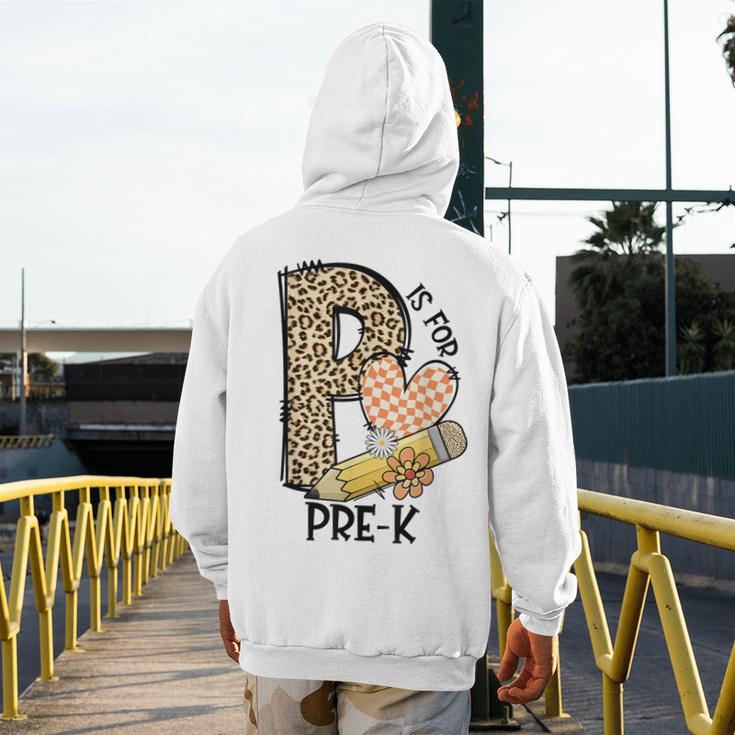 P Is For Pre K Teacher Leopard First Day Of School For Men Women Girls Kids Men's Hoodie Back Print, funny design P Is For Pre K Teacher Leopard First Day Of School For Men Women Girls Kids Men's Hoodie Back Print, funny design