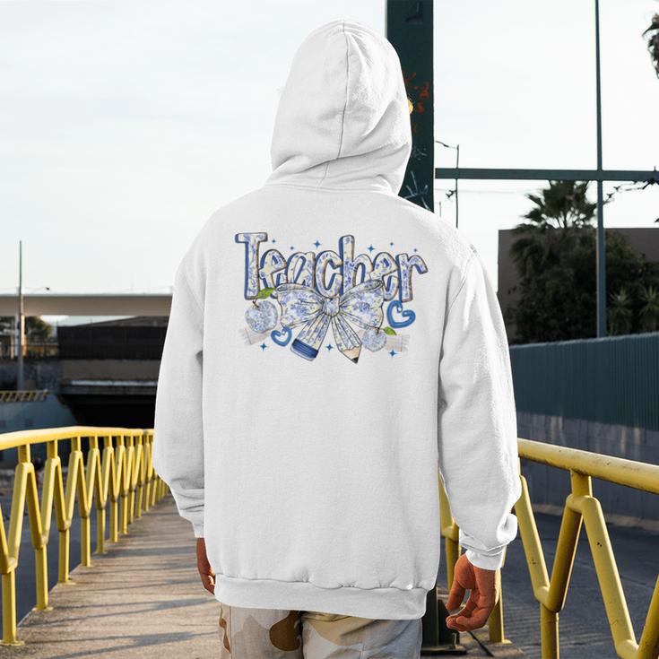 Teacher Blue Chinoiserie Coquette Bow Heart Teacher Life Men's Hoodie Back Print, funny design