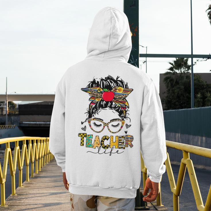 Teacher Life Messy Bun Glasses Leopard Sunflower Men's Hoodie Back Print, funny design