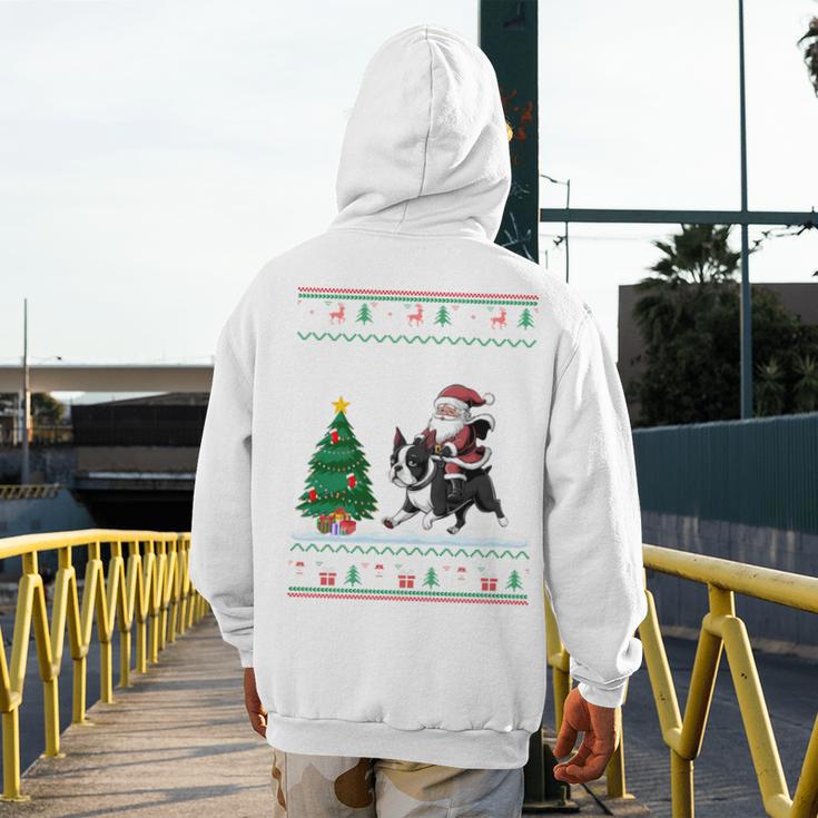 Ugly Christmas Tree Lights Xmas Santa Riding Boston Terrier Men's Hoodie Back Print, Boston Terrier Christmas Gifts, Boston Terrier Riding Gifts, funny design