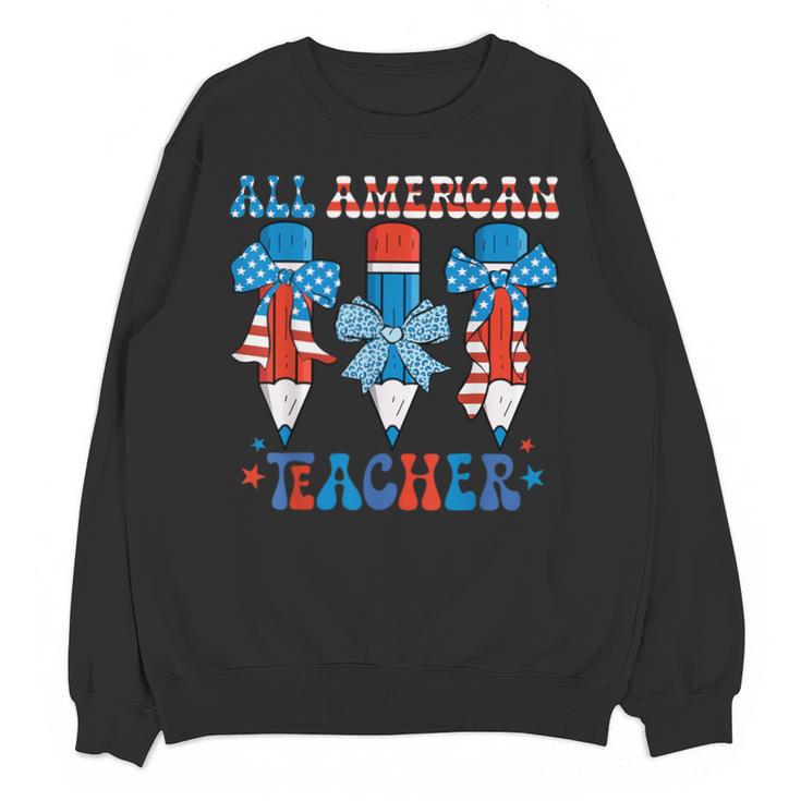 All American Teacher Pencil Coquette Bow USA Flag Teachers Unisex Sweatshirt