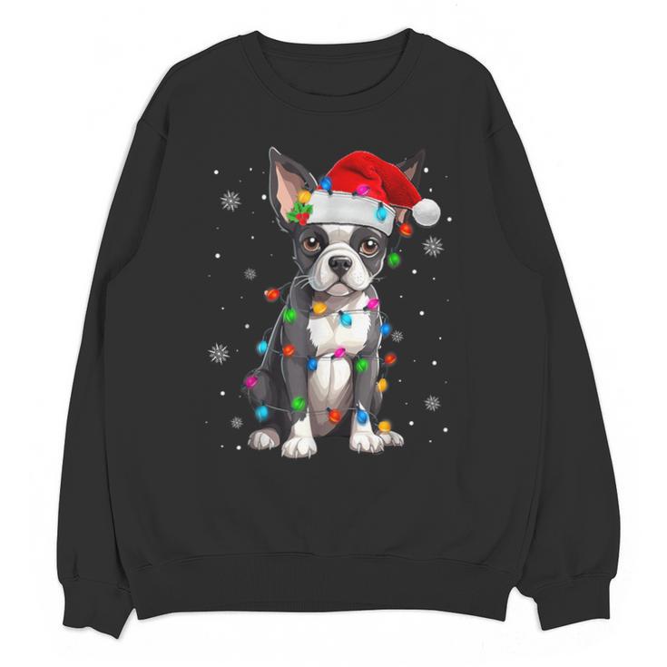 Boston Terrier Christmas Santa Hat Tree Lights Pajama Unisex Sweatshirt