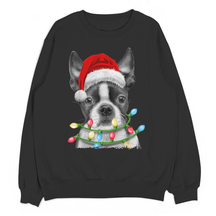 Boston Terrier Dog Santa Christmas Tree Lights Xmas Unisex Sweatshirt