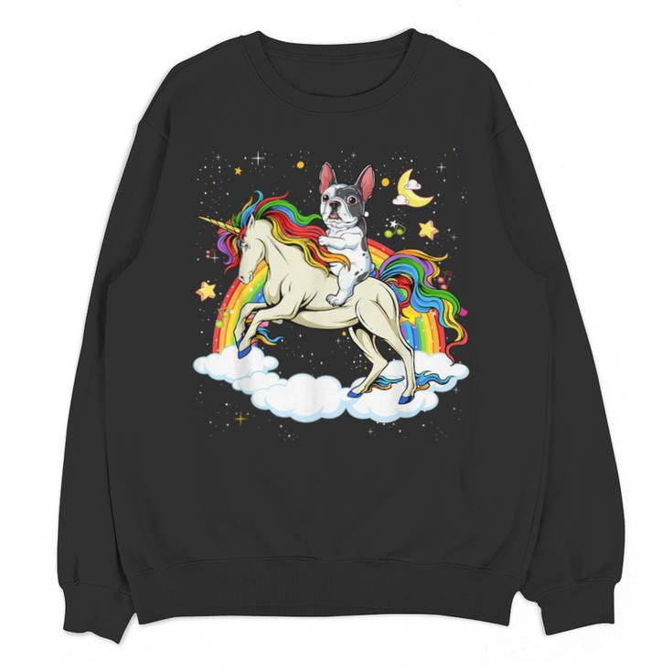 Boston Terrier Riding Unicorn Boys Girls Kids Rainbow Unisex Sweatshirt