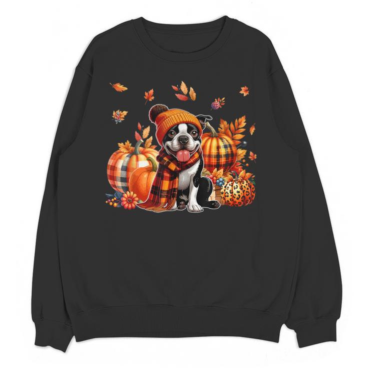 Boston Terrier Thanksgiving Leopard Pumpkins Fall Leaves Unisex Sweatshirt