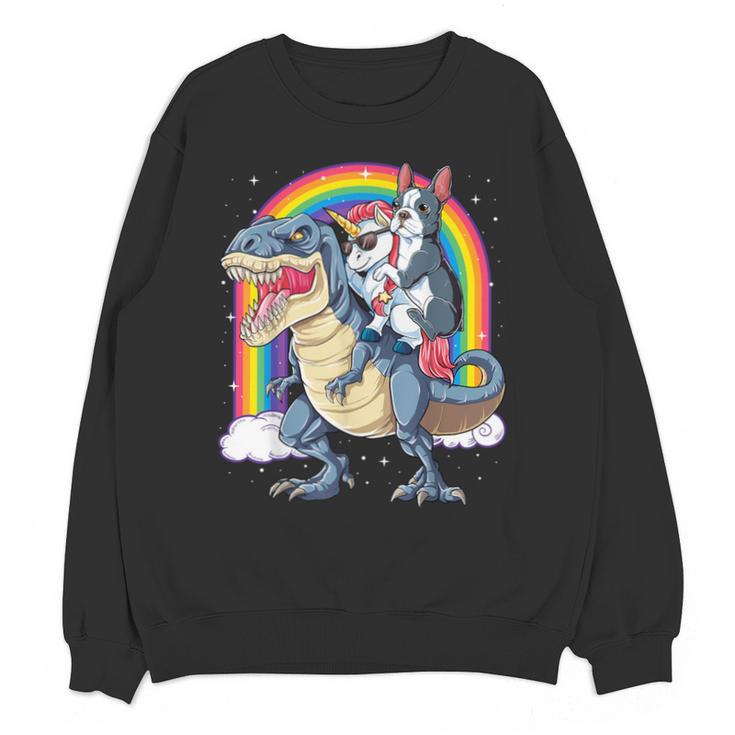 Boston Terrier Unicorn Riding Dinosaur T-Rex Girls Rainbow Unisex Sweatshirt