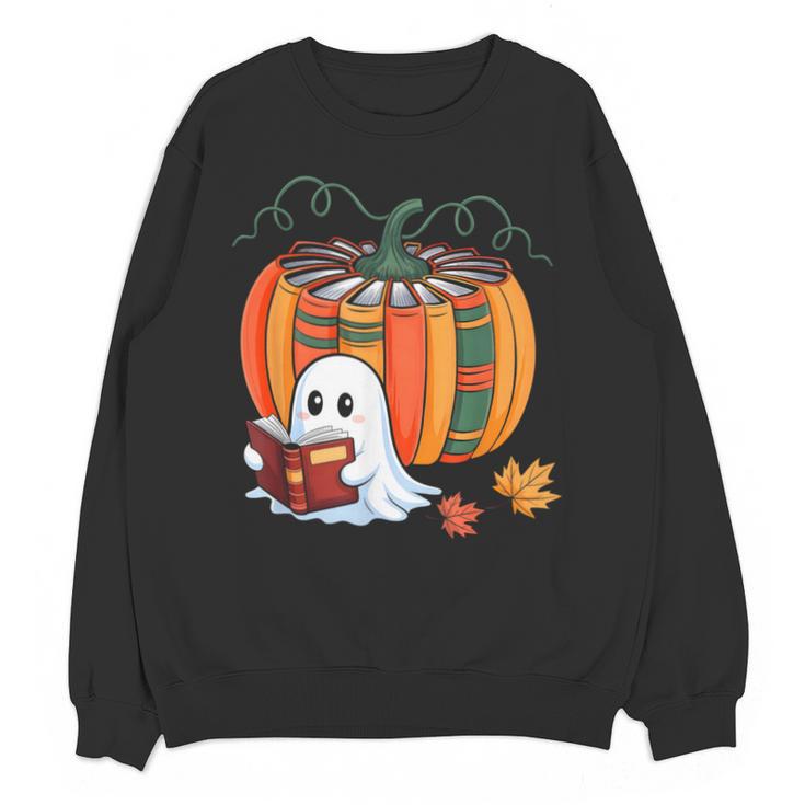 Fall Book Pumpkin Ghost Reading Books Halloween Teacher Unisex Sweatshirt