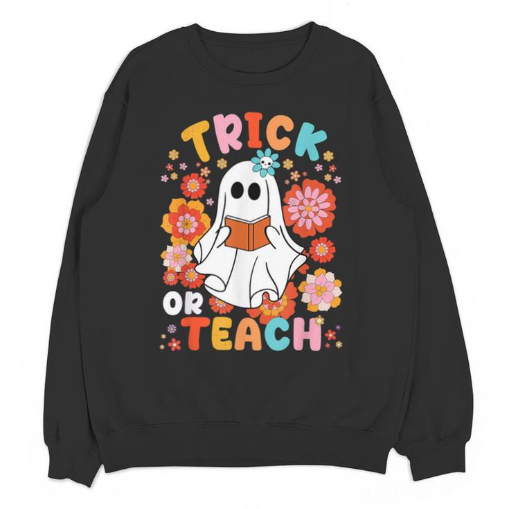 Groovy Halloween Trick Or Teach Retro Floral Ghost Teacher For Men Women Kids Unisex Sweatshirt