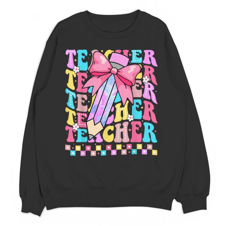 Groovy Teacher Cute Coquette Bow Flower Retro Back To School Unisex Sweatshirt