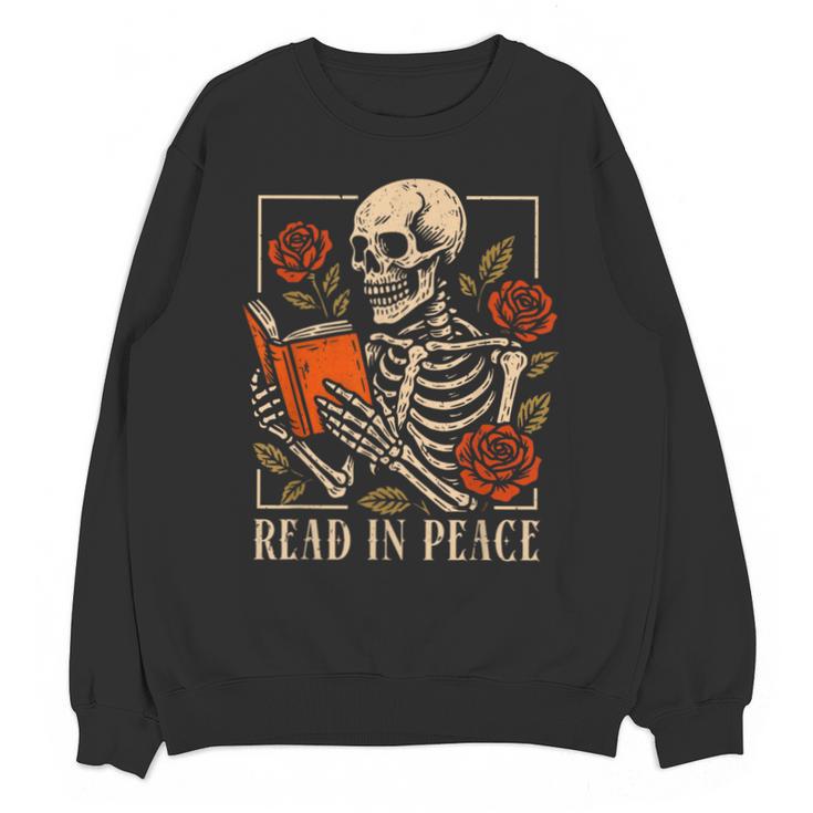 Read In Peace Skeleton Reading Book Halloween Teacher Unisex Sweatshirt