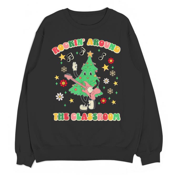 Teacher Christmas Shirts Pajama Matching Rockin' Around The Classroom -Adult Short Sleeve Small Modern Festive Christmas Teacher Xmas Vibes T-Shirt Unisex Sweatshirt