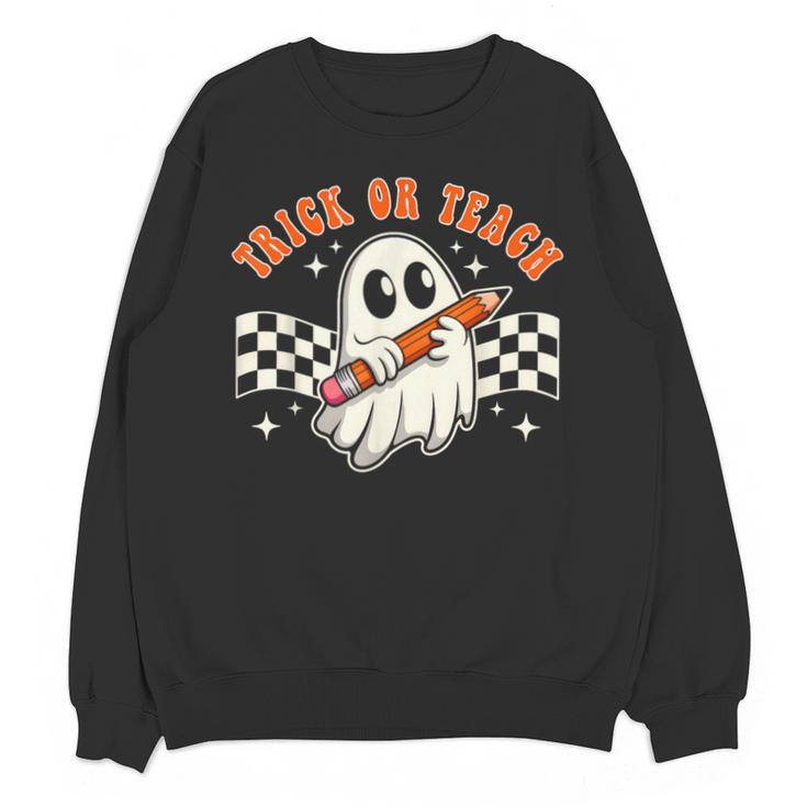 Trick Or Teach Groovy Retro Ghost Halloween Teacher Kids Unisex Sweatshirt