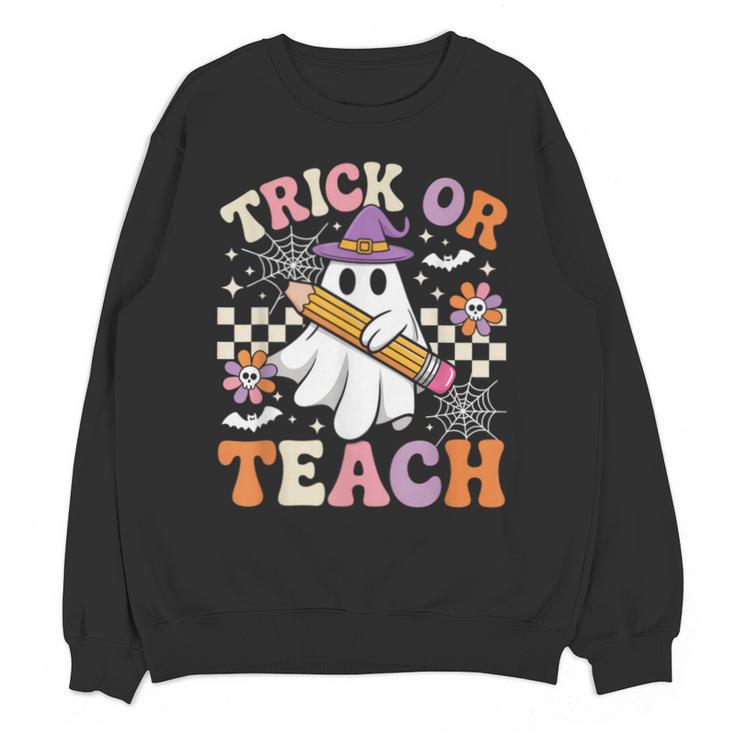 Trick Or Teach Groovy Teacher Halloween Retro Ghost Unisex Sweatshirt