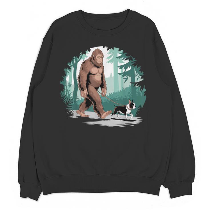 Whimsical Forest Adventures Sasquatch Bigfoot Walking Boston Terrier Dog Lovers Unisex Sweatshirt