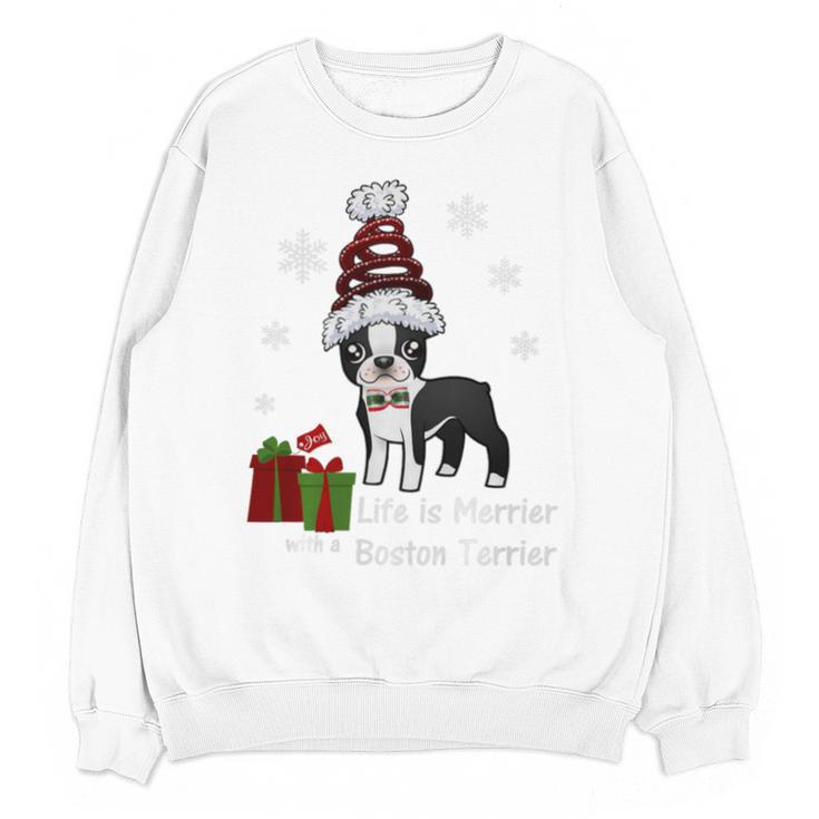 Boston Terrier Christmas T Shirt-Life Is Merrier Premium Tri-Blend Unisex Sweatshirt