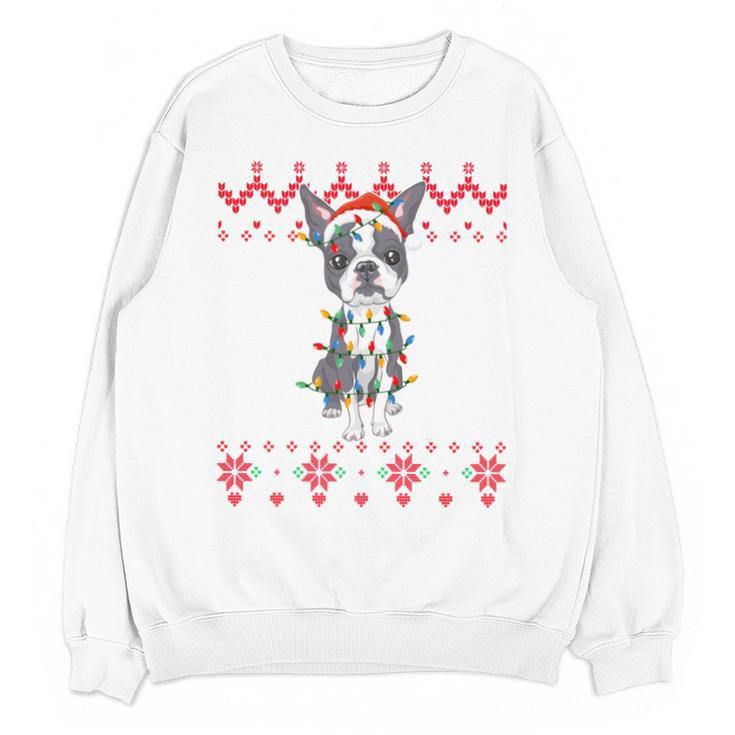 Boston Terrier Dog Santa Hat Men Kids Ugly Christmas Light Unisex Sweatshirt
