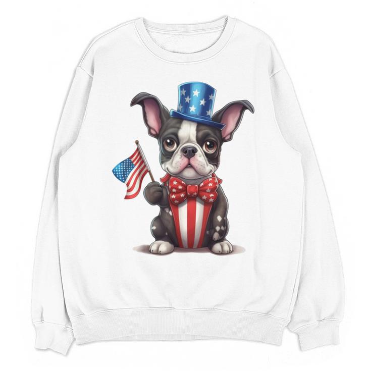 Boston Terrier Puppy Dog Holds His American Flag 4th Of July Unisex Sweatshirt