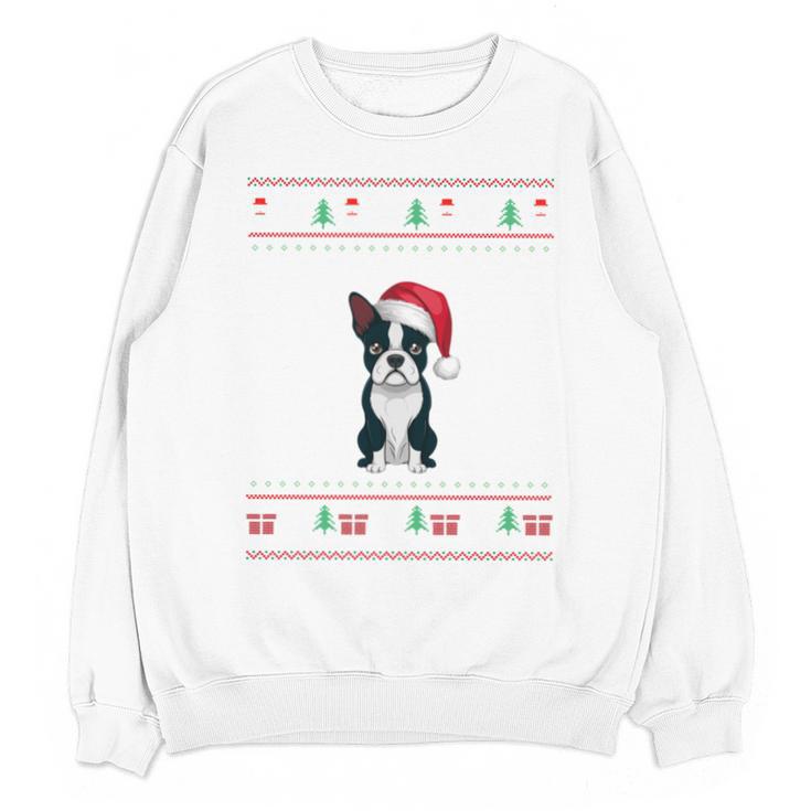 Boston Terrier Wearing Santa Hat Ugly Xmas Dog Lovers Unisex Sweatshirt