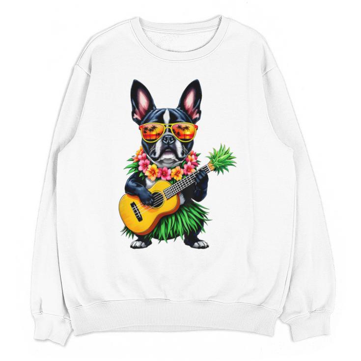 Hawaiian Boston Terrier & Pineapple Ukulele Summer Vacation Unisex Sweatshirt, trending gift