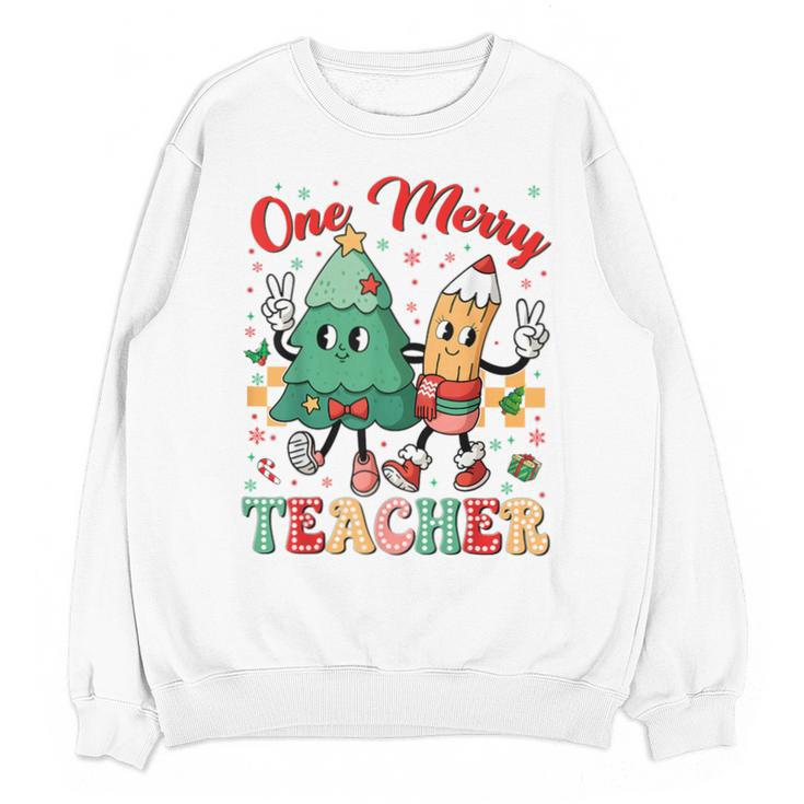 One Merry Teacher Groovy Christmas Tree Pjs Xmas Teacher Unisex Sweatshirt