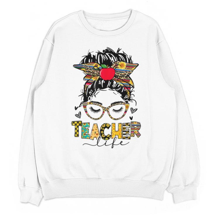 Teacher Life Messy Bun Glasses Leopard Sunflower Unisex Sweatshirt