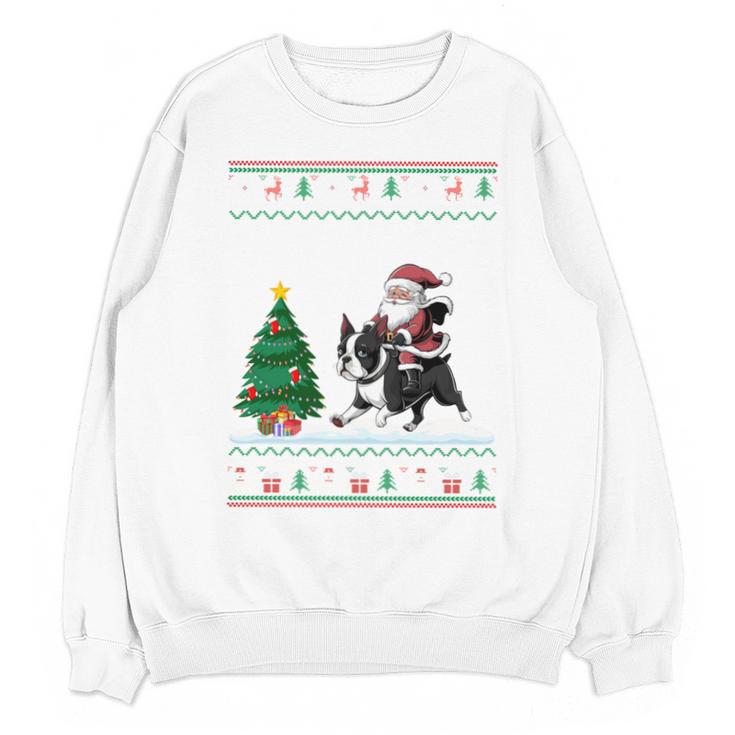 Ugly Christmas Tree Lights Xmas Santa Riding Boston Terrier Unisex Sweatshirt
