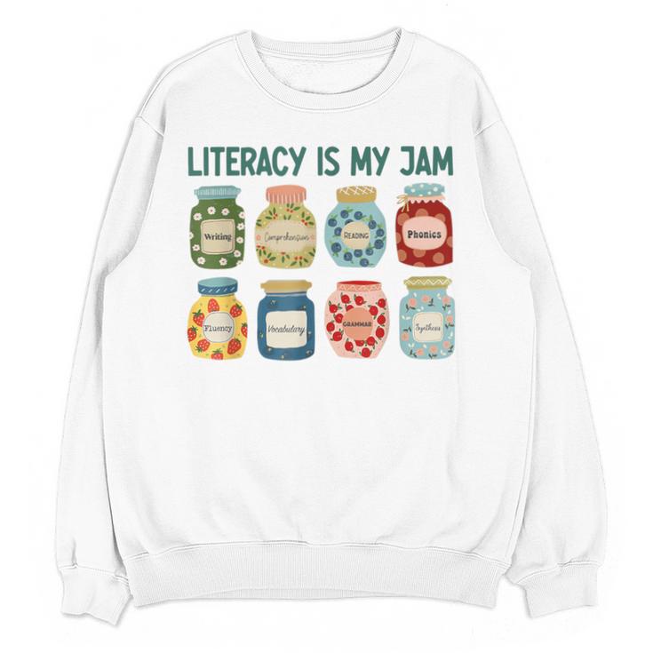 Women Literacy Is My Jam Literacy Teacher Reading Teacher Unisex Sweatshirt