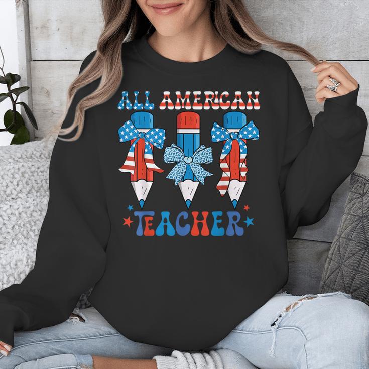 All American Teacher Pencil Coquette Bow USA Flag Teachers Unisex Sweatshirt, funny design
