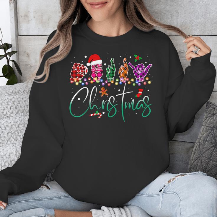 ASL Christmas Buffalo Plaid Teacher American Sign Language Unisex Sweatshirt, funny design