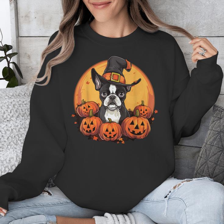Boston Terrier Bostie Dog Breed Pet Halloween Pumpkins Unisex Sweatshirt, Boston Terrier Halloween Gifts, funny design
